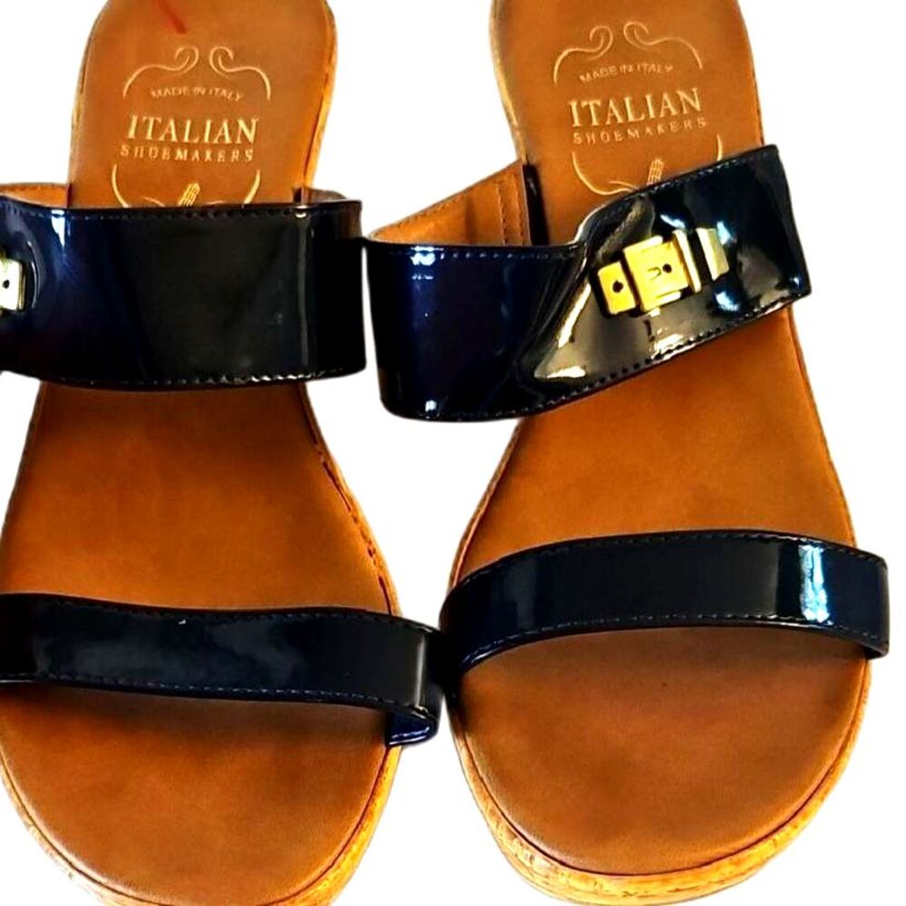 Italian Shoemakers Black Patent Leather Wedge Mules Sandals Size 9.5